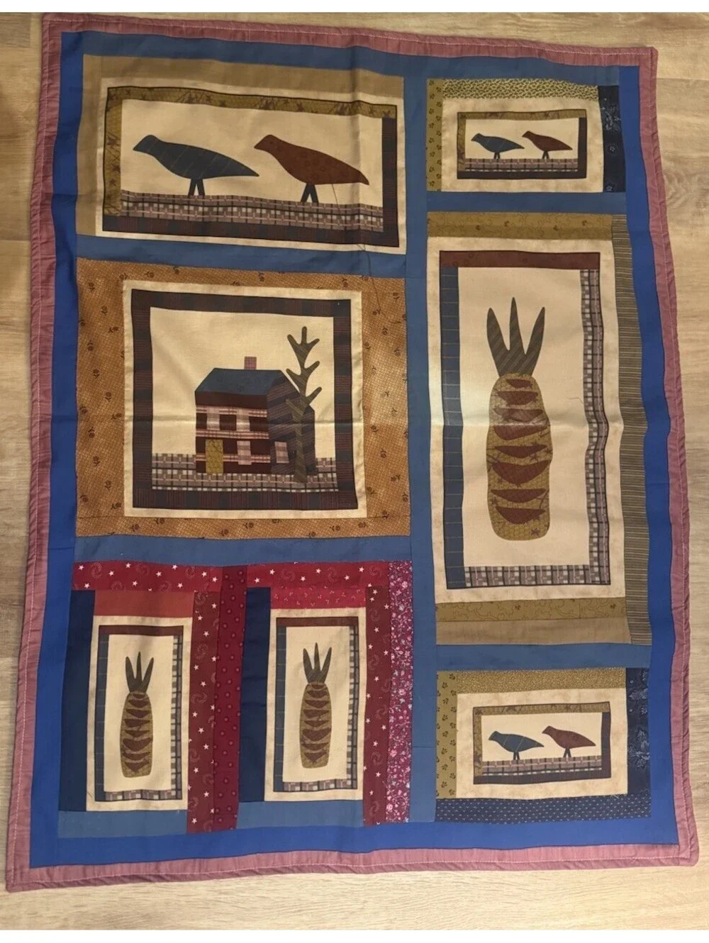 Handmade Folk Art Applique Quilt Wall Hanging Birds Pineapple House 28x35 2020
